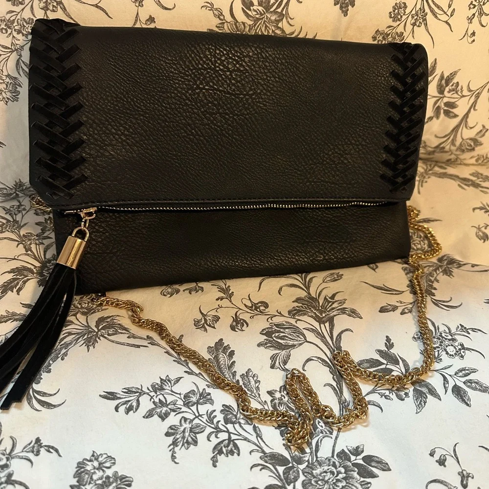 Moda Luxe Black Leather Fold Over Crossbody Clutch Gold Chain purse boutique